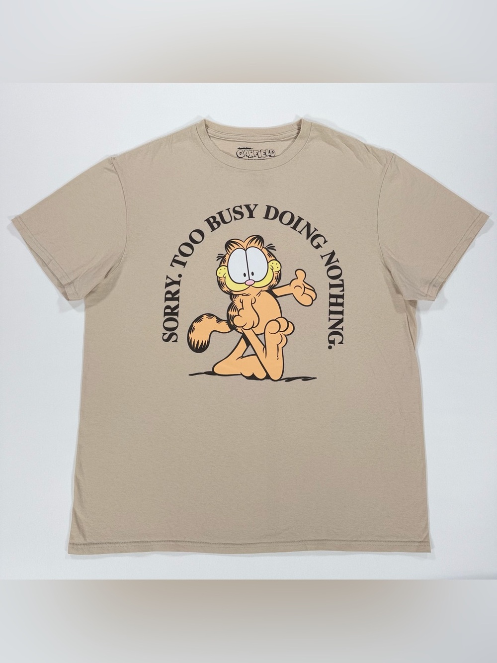 Garfield Mens T-Shirt Large Tan Beige Graphic Tee Sorry Too Busy Doing Nothing